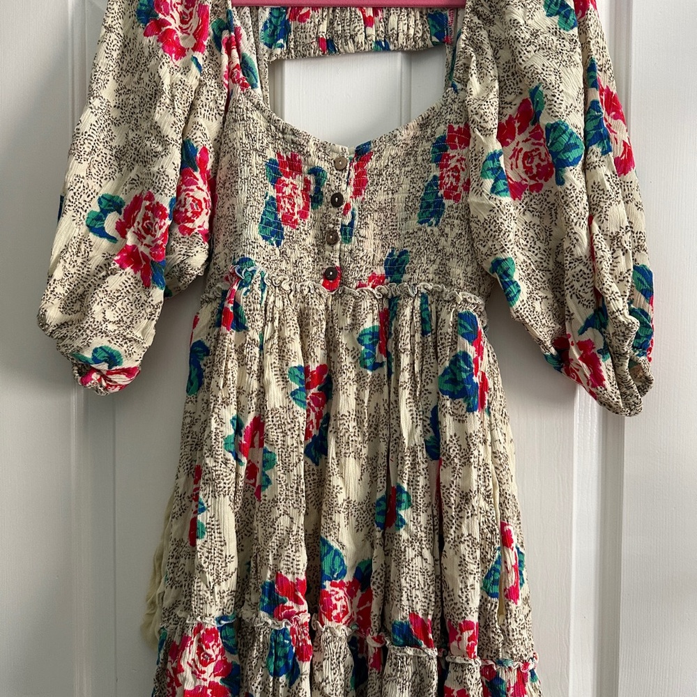 Free People Floral Mini Dress - Cream, Red, Blue